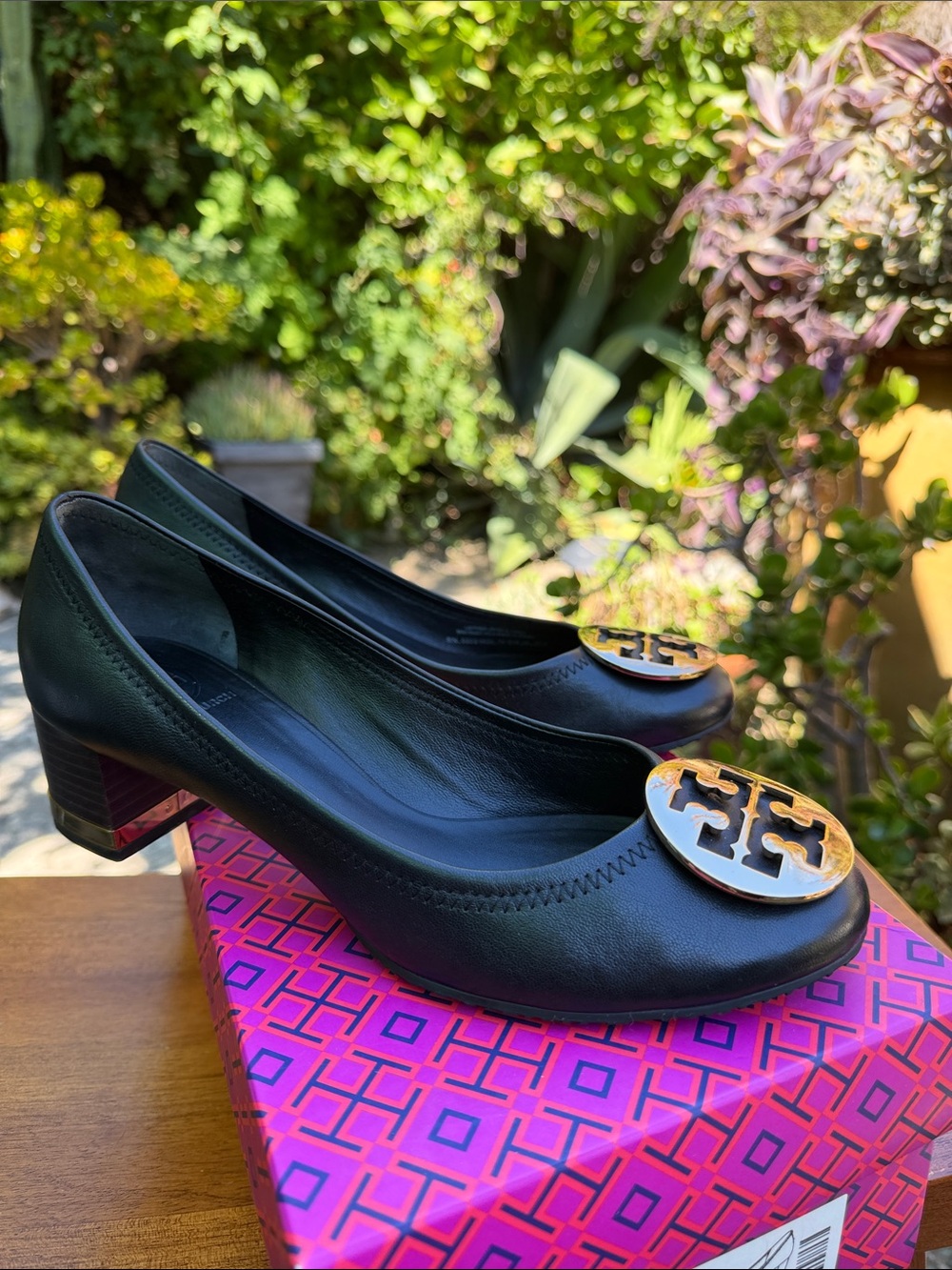 Tory Burch Black Leather Block Heel Pumps with Gold Logo Accent